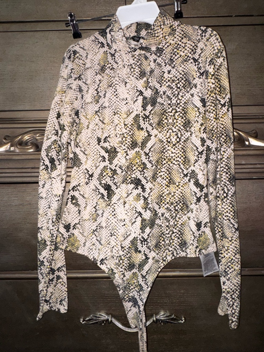 Guess Snake-Print Long Sleeve Bodysuit in Black, Cream & Yellow